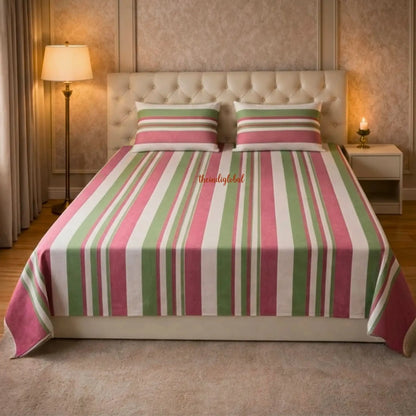 Handloom-Double-Bedsheet-with-Pillow-Covers-Pink-Green-2