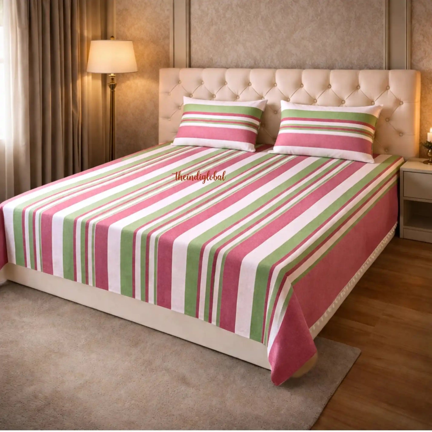 Handloom-Double-Bedsheet-with-Pillow-Covers-Pink-Green-3