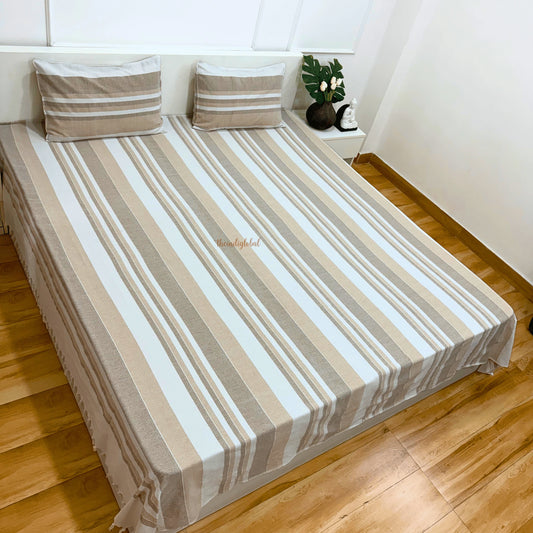 Handloom Cotton Bedsheet with Pillow Covers Beige