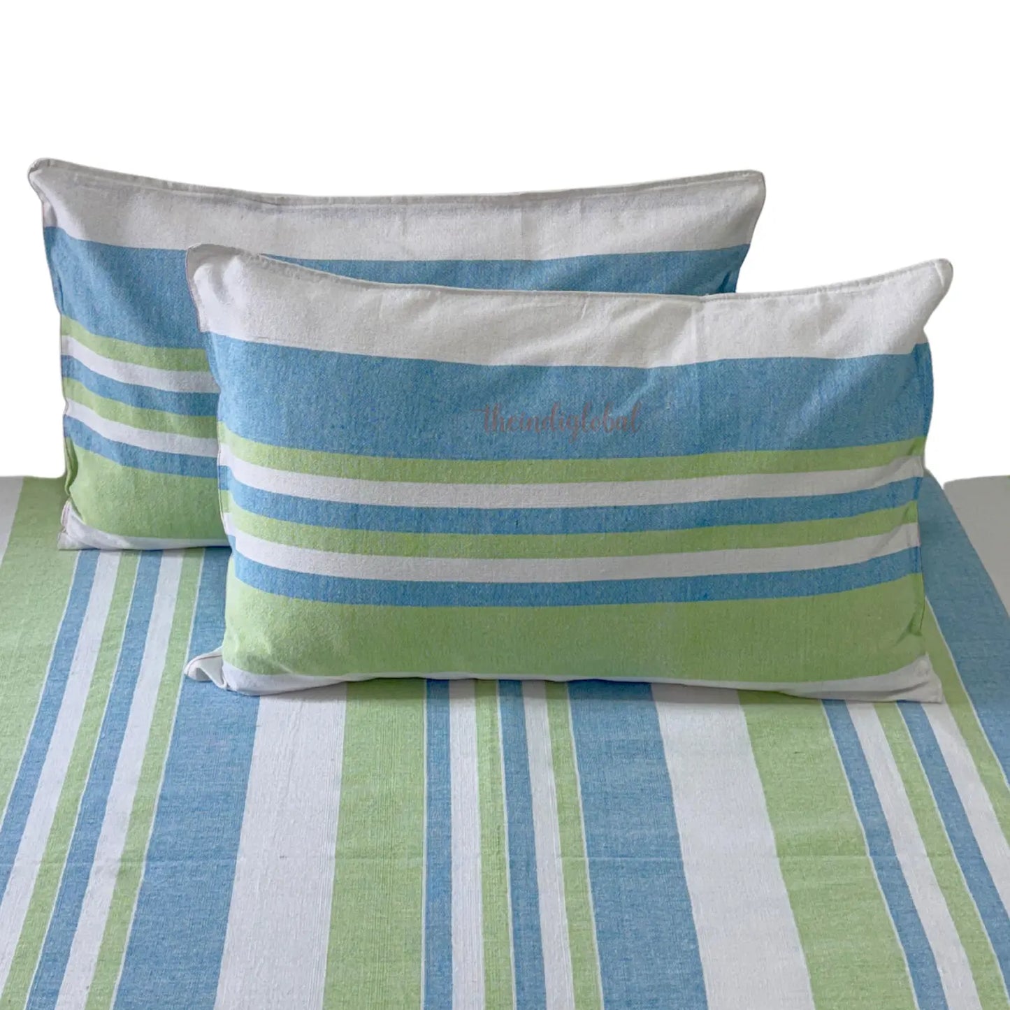 Handloom Cotton Bedsheet with Two Pillow Covers King Size Blue Green