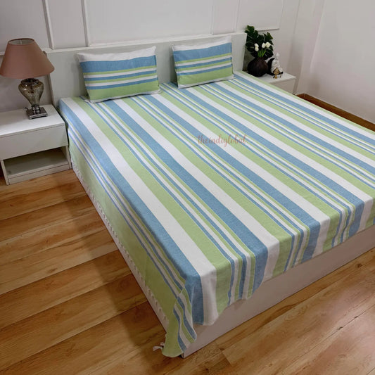 Handloom Cotton Bedsheet with Two Pillow Covers King Size Blue Green
