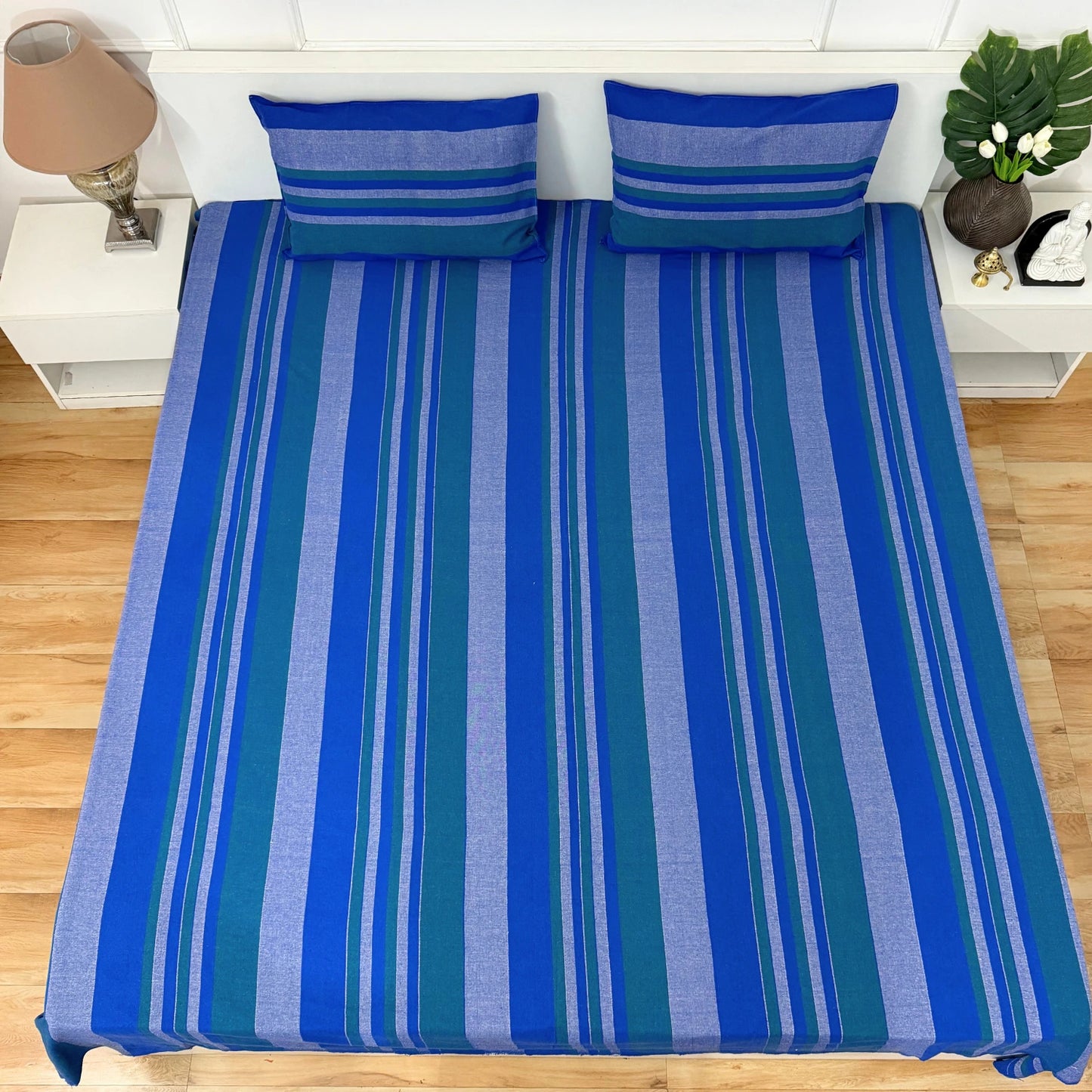 Handloom Cotton Bedsheet with Two Pillow Covers King Size Blue