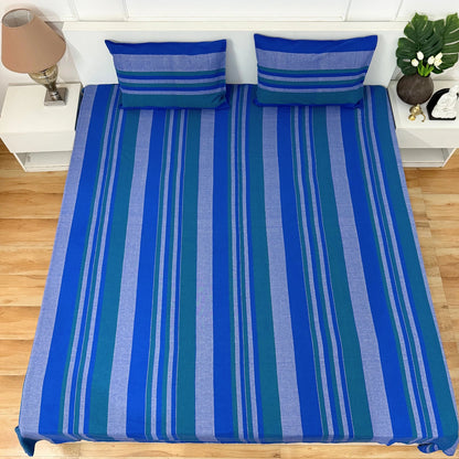 Handloom Cotton Bedsheet with Two Pillow Covers King Size Blue