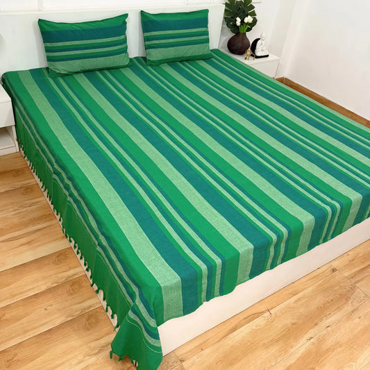 Handloom Cotton Bedsheet with Two Pillow Covers King Size Dark Green