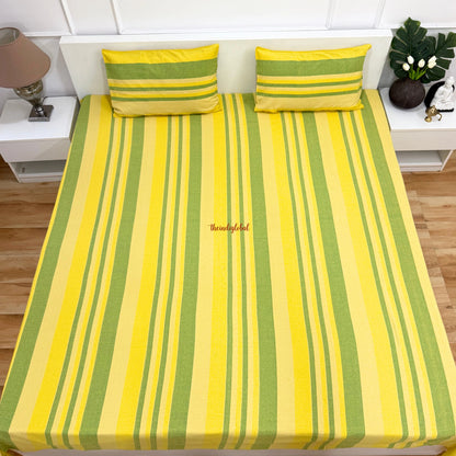 Handloom Cotton Bedsheet with Pillow Covers Yellow Green