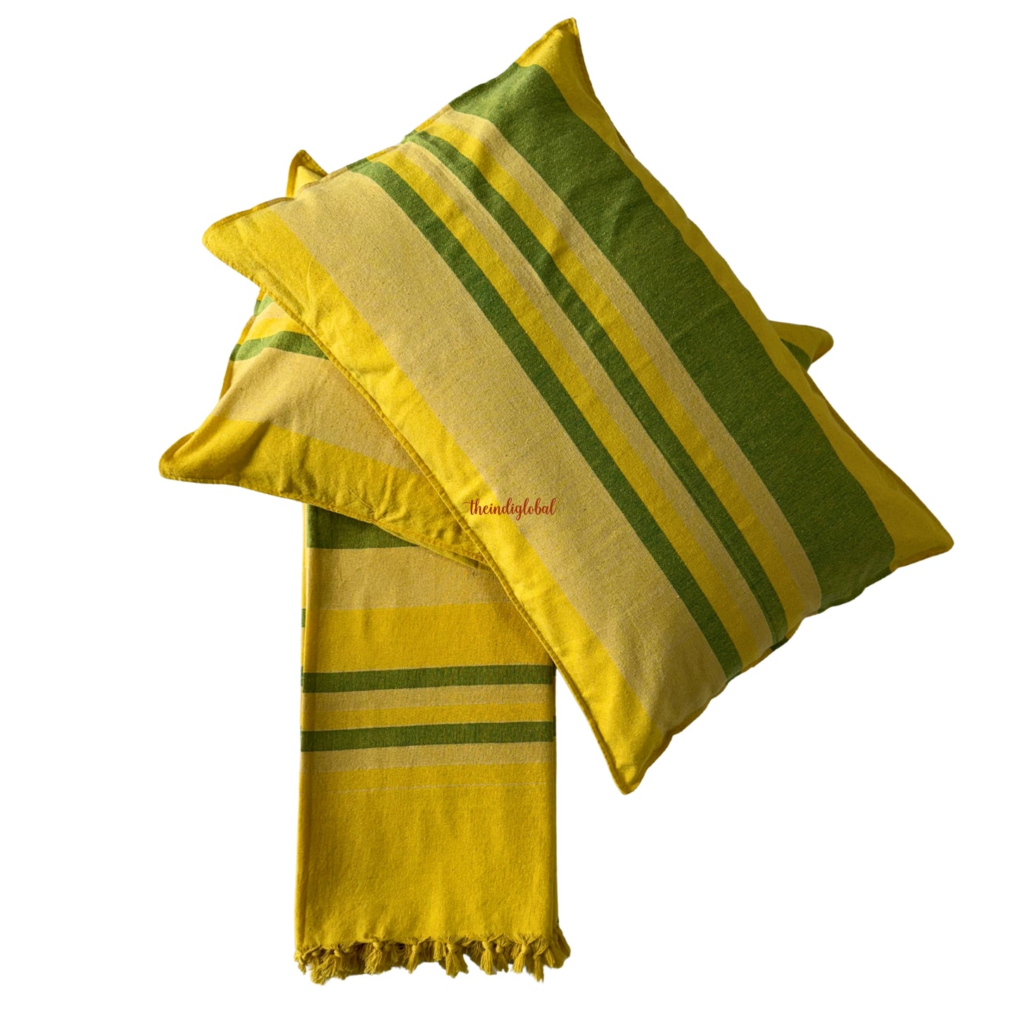 Handloom Cotton Bedsheet with Pillow Covers Yellow Green