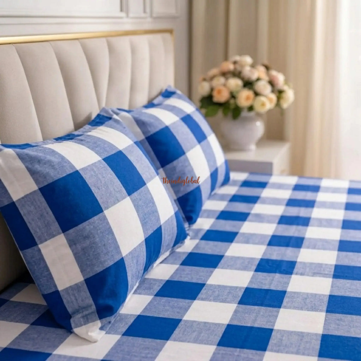 HandloomCottonbedsheetbluecheck2