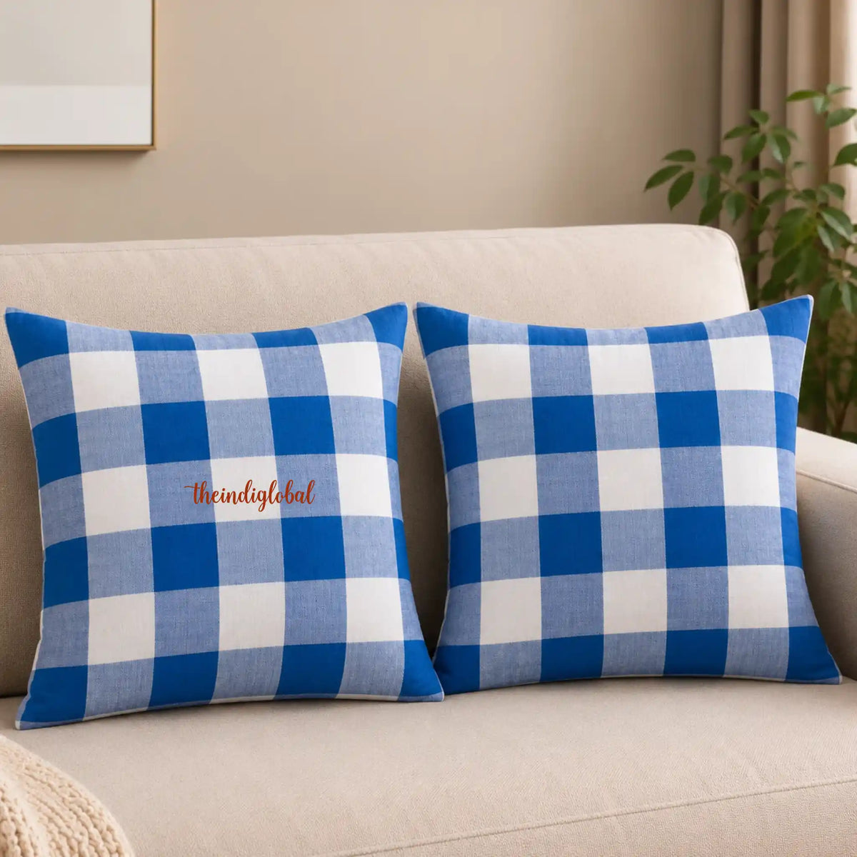 Blue Check Handloom Cotton Cushion Cover