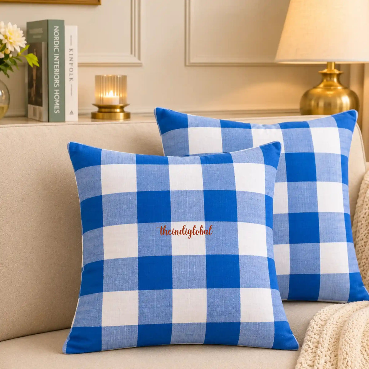 Blue Check Handloom Cotton Cushion Cover
