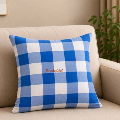 Blue Check Handloom Cotton Cushion Cover