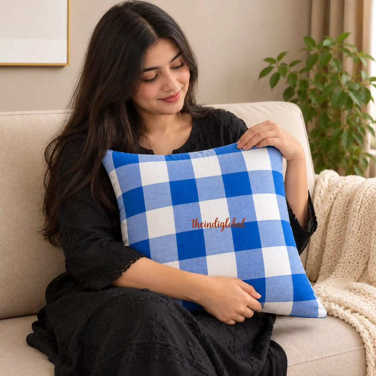 Blue Check Handloom Cotton Cushion Cover