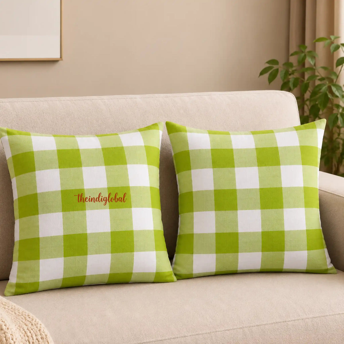 Green Check Handloom Cotton Cushion Cover