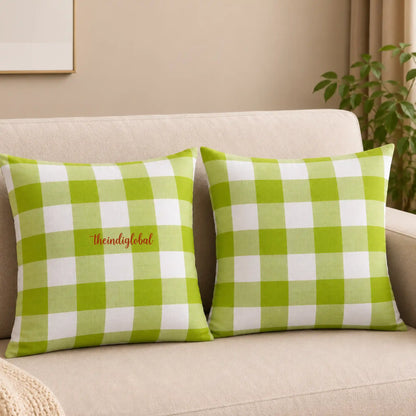 Green Check Handloom Cotton Cushion Cover