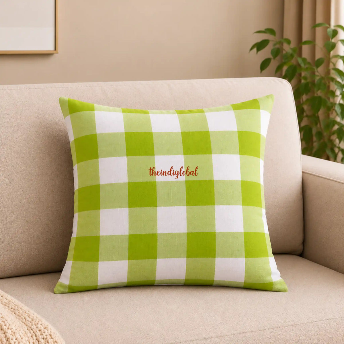 Green Check Handloom Cotton Cushion Cover
