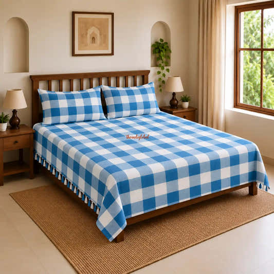 Handloom Cotton Bedsheet with Pillow Covers Checks Sky Blue