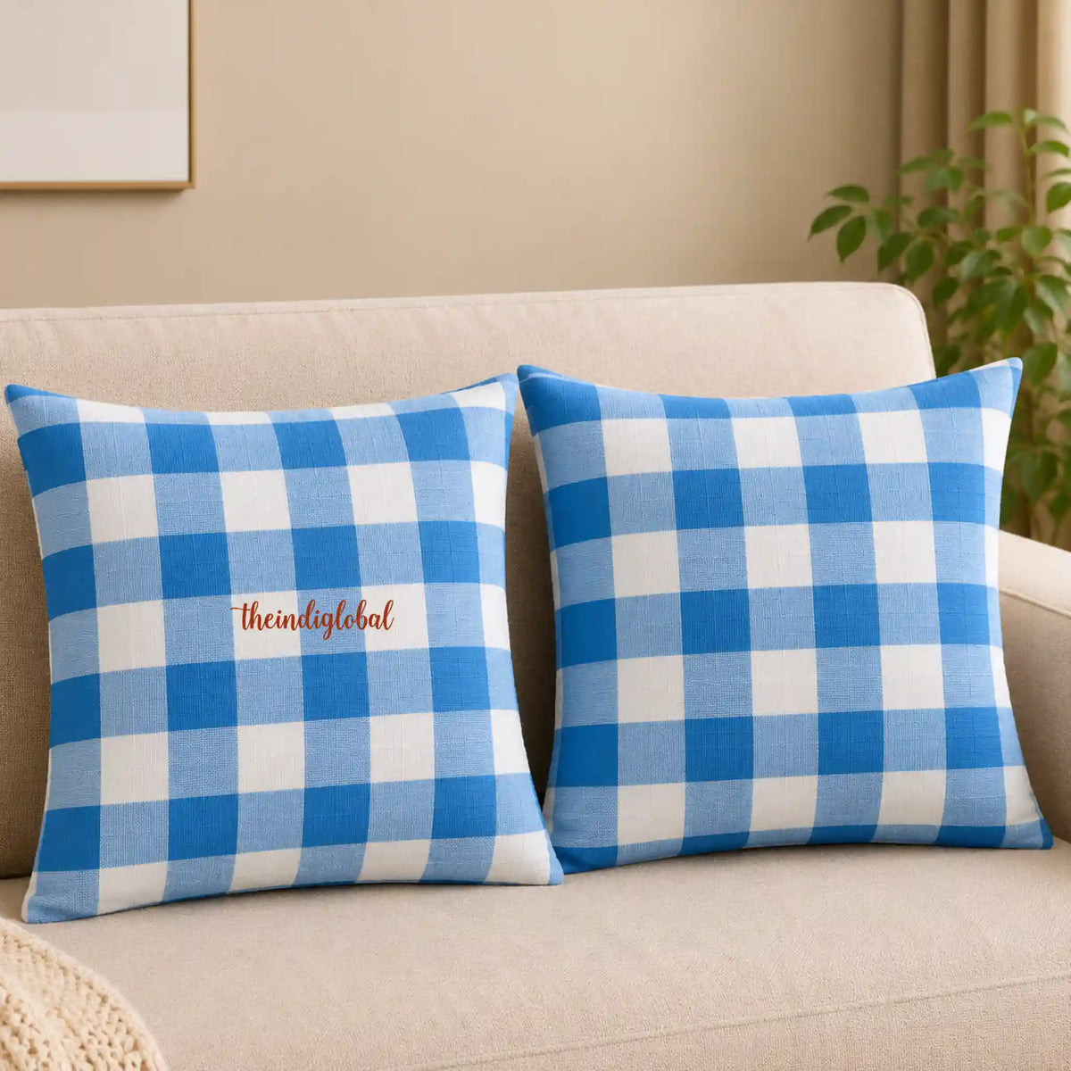 Sky Blue Check Handloom Cotton Cushion Cover