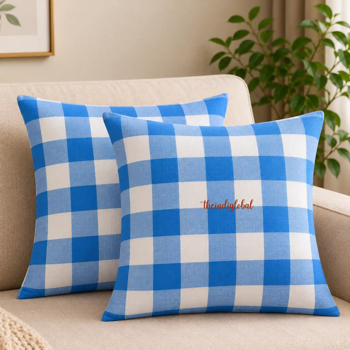 Sky Blue Check Handloom Cotton Cushion Cover