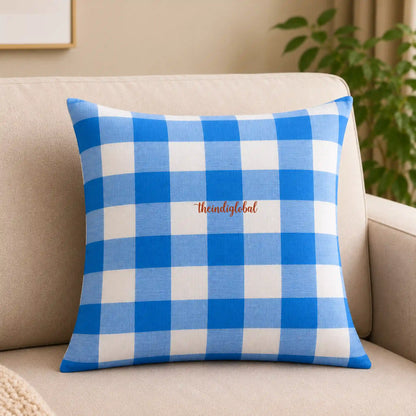 Sky Blue Check Handloom Cotton Cushion Cover