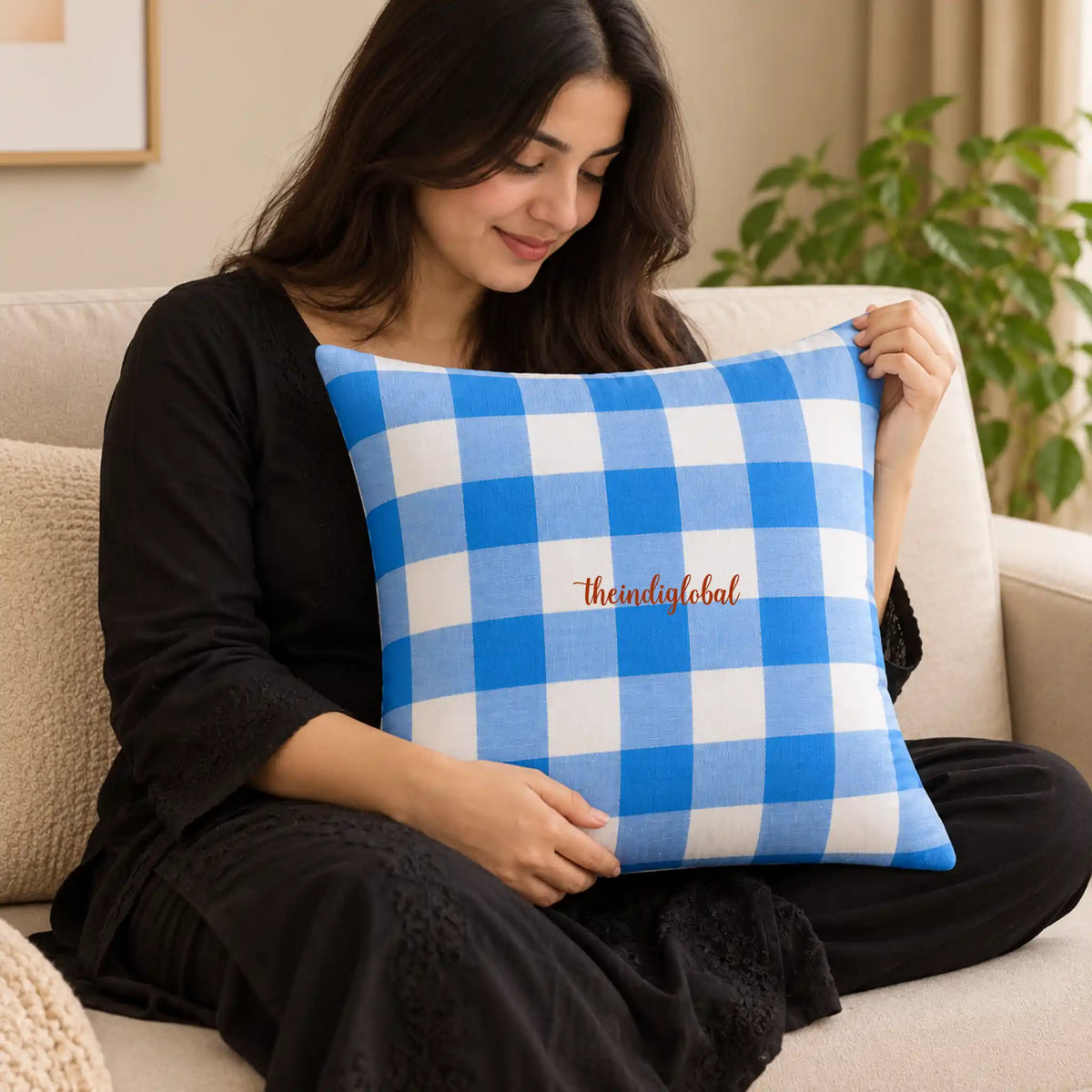 Sky Blue Check Handloom Cotton Cushion Cover