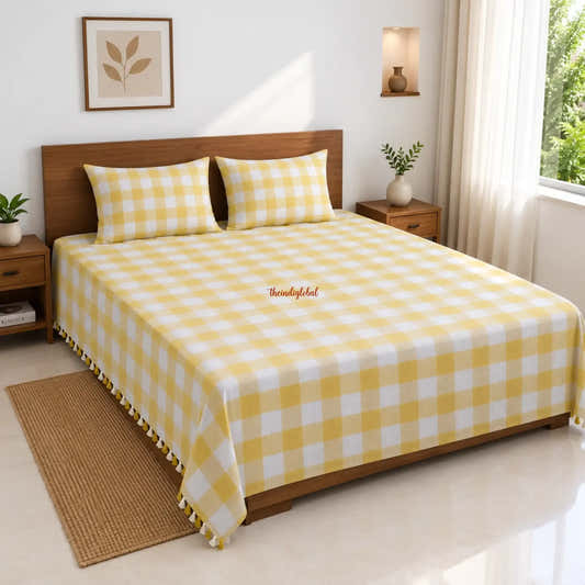Handloom Cotton Bedsheet with Pillow Covers Checks Yellow