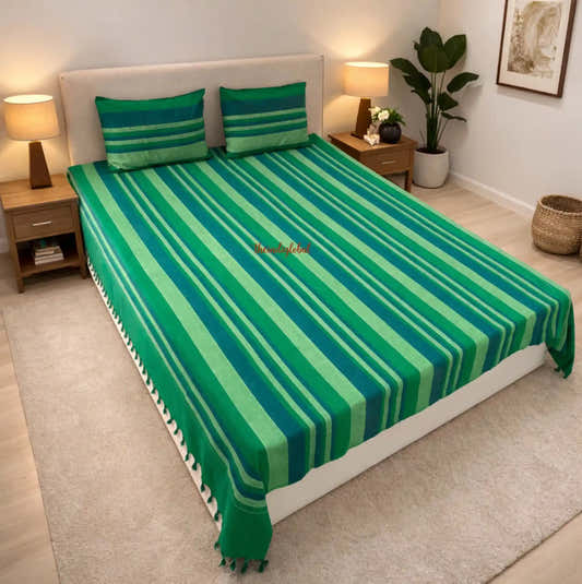 Handloom Cotton Bedsheet with Pillow Covers  Green