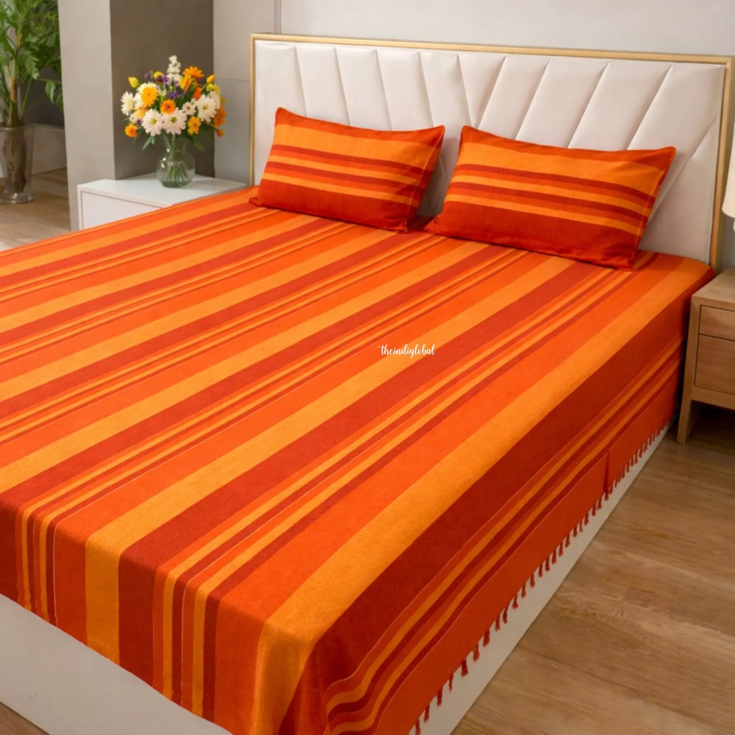 Handloom Cotton Bedsheet with Pillow Covers Orange 3
