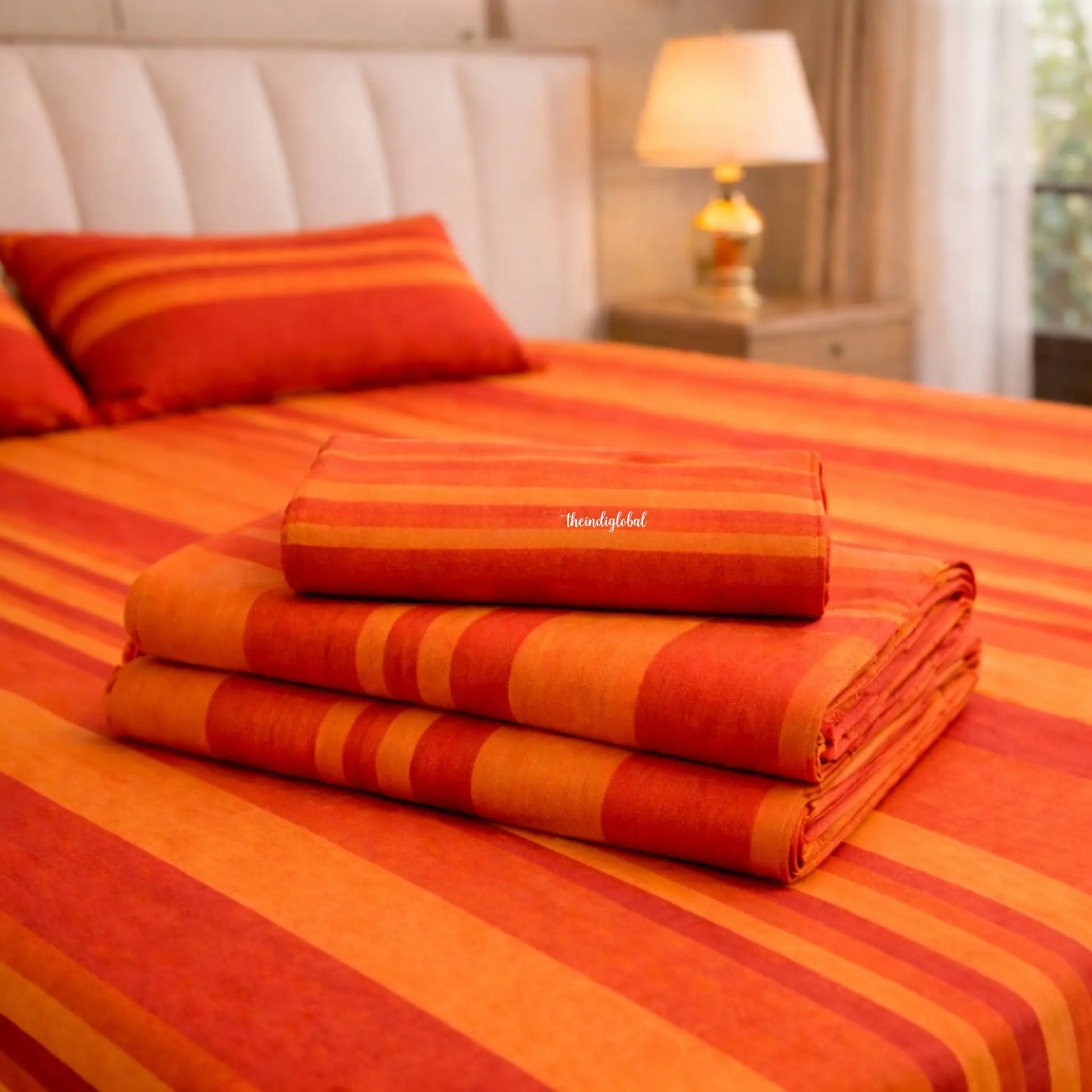 Handloom Cotton Bedsheet with Pillow Covers Orange 5