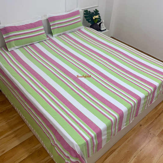 Handloom Cotton Bedsheet with Pillow Covers Pink Green