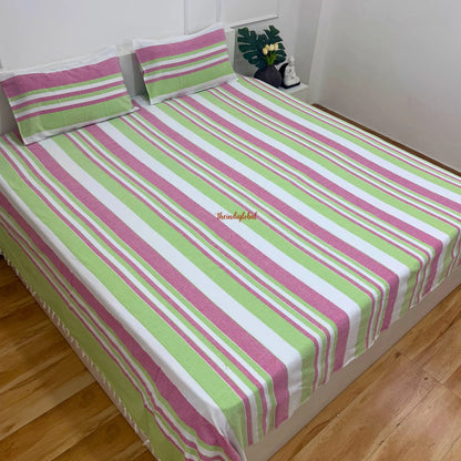 Handloom Cotton Bedsheet with Pillow Covers Pink Green