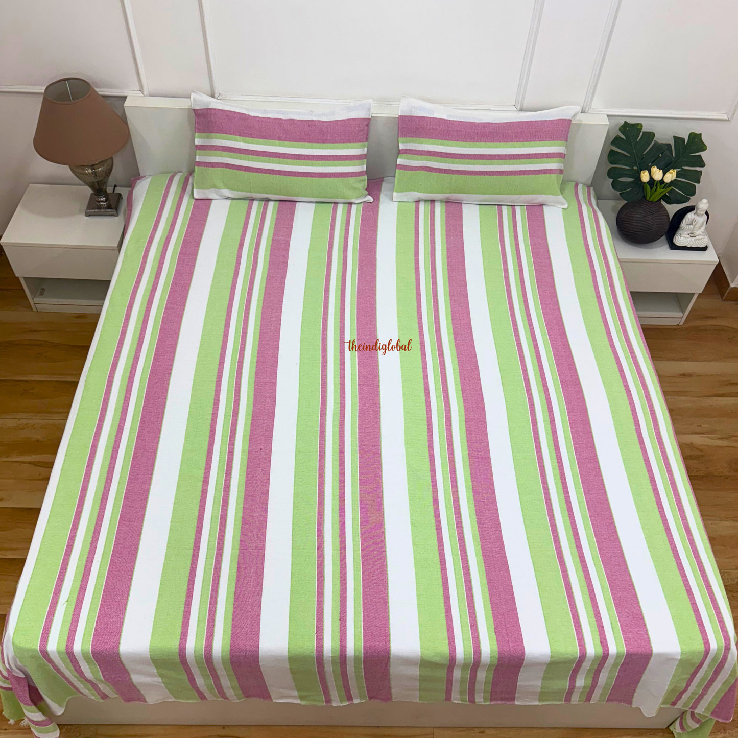 Handloom Cotton Bedsheet with Pillow Covers Pink Green