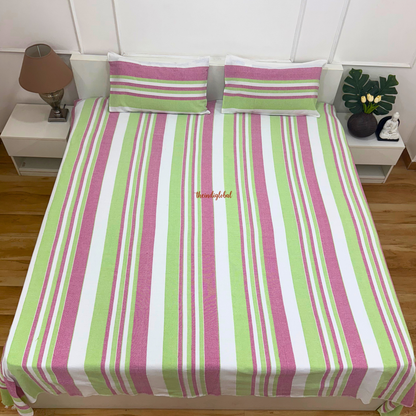Handloom Cotton Bedsheet with Pillow Covers Pink Green