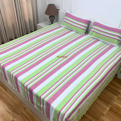 Handloom Cotton Bedsheet with Pillow Covers Pink Green