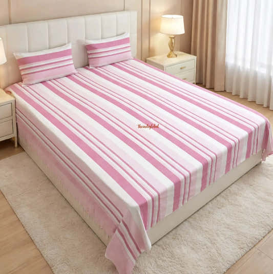 Handloom Cotton Bedsheet with  Pillow Covers Pink White
