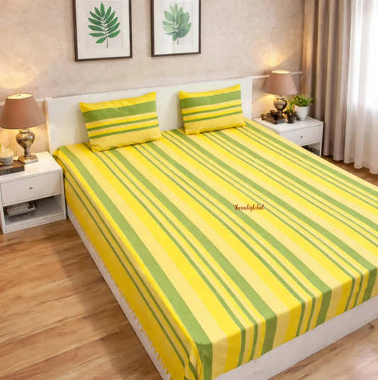 Handloom Cotton Bedsheet with Pillow Covers Yellow Green