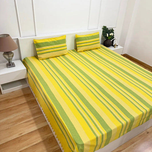 Handloom Cotton Bedsheet with Two Pillow Covers King Size Yellow