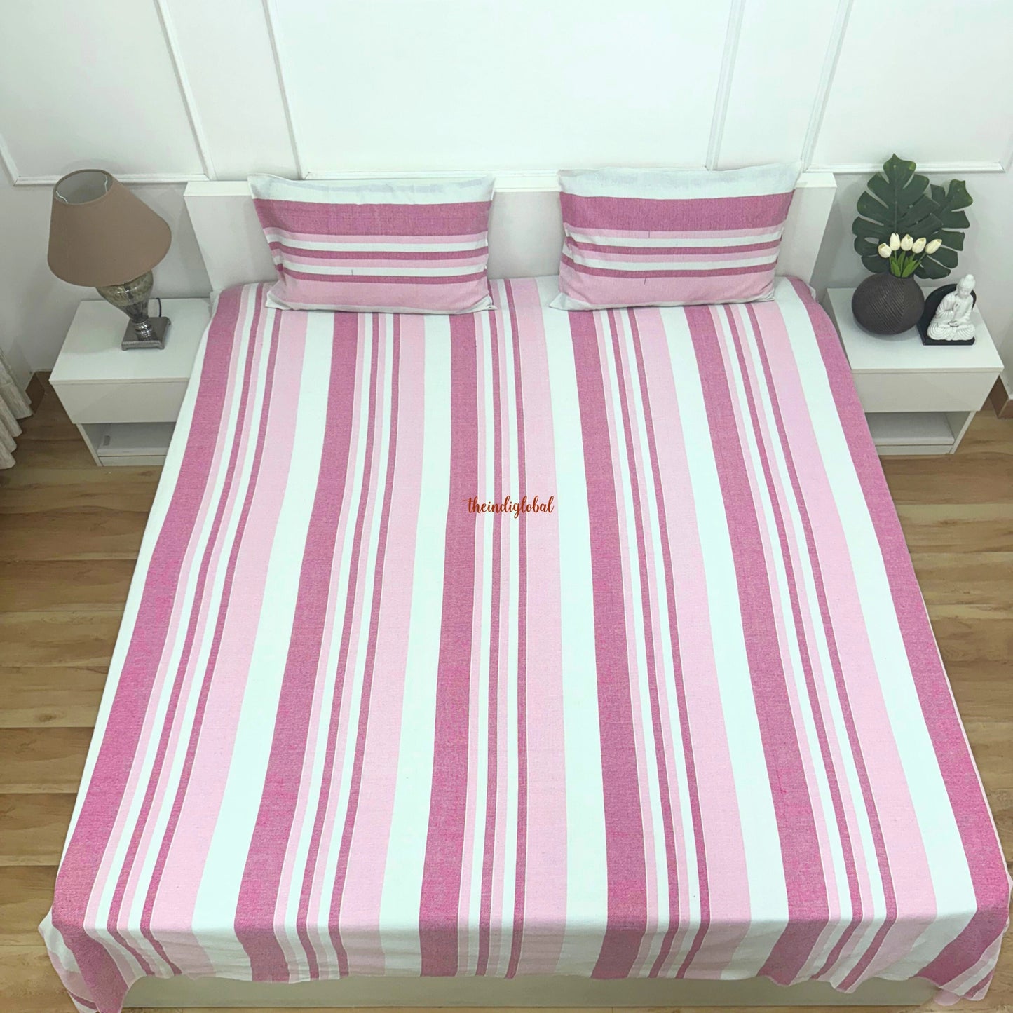 Handloom Cotton Bedsheet with  Pillow Covers Pink White