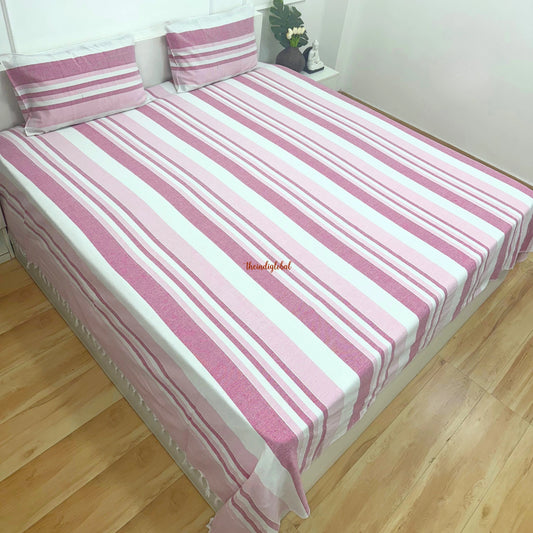 Handloom Cotton Bedsheet with  Pillow Covers Pink White
