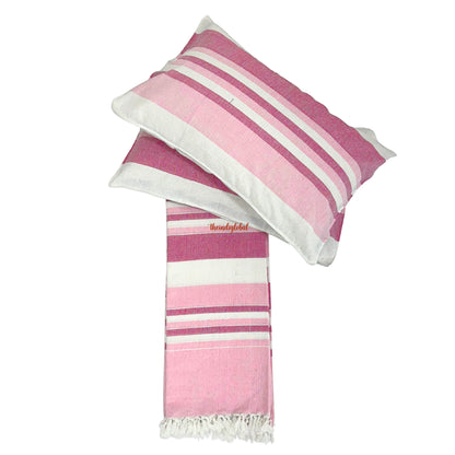 Handloom Cotton Bedsheet with  Pillow Covers Pink White