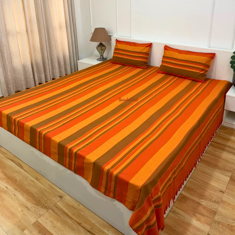 Handloom Cotton Bedcover with Pillow Covers Orange