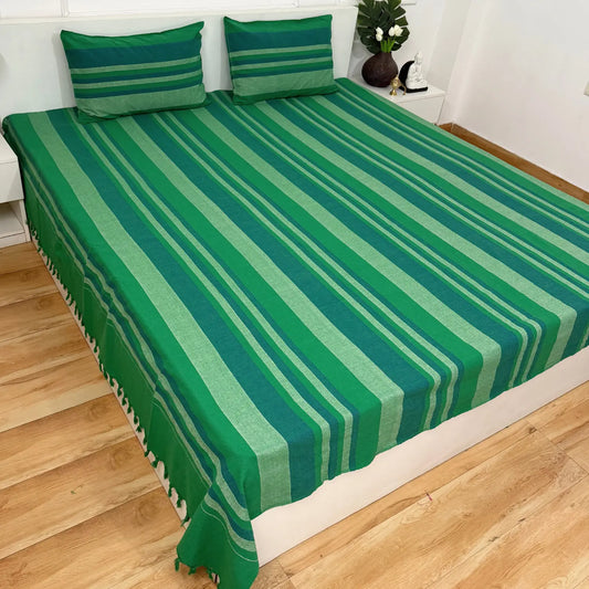 Handloom Cotton Bedsheet with Two Pillow Covers King Size Dark Green