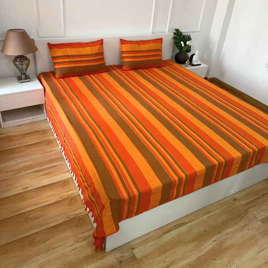 Handloom Cotton Bedsheet with Two Pillow Covers King Size Orange