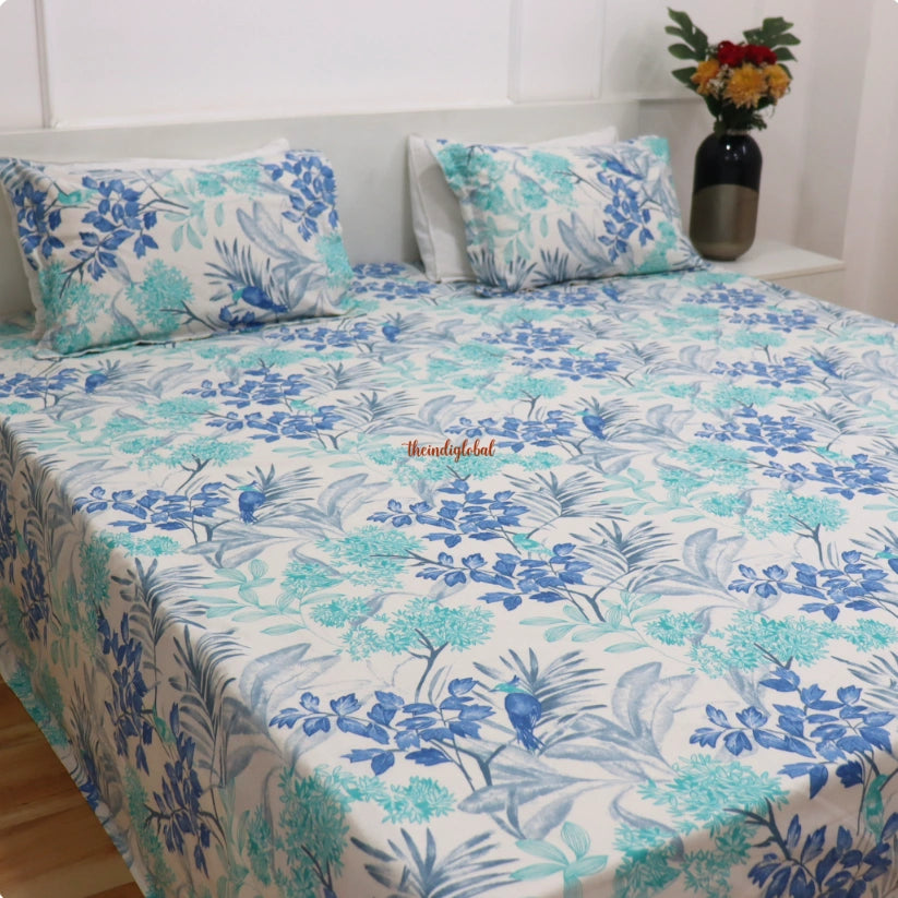 Homi Cotton Bedsheet for King Size Bed with Two Reversible Pillow Covers Blue 2