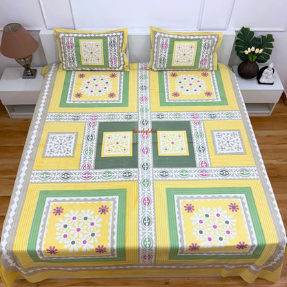 Homi Cotton Bedsheet for King Size Two Reversible Pillow Covers Yellow Green