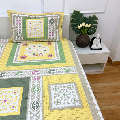 Homi Cotton Bedsheet for King Size Two Reversible Pillow Covers Yellow Green