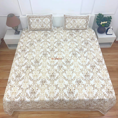 Homi Hand Block Soft Cotton Bedsheet with 2 Pillow Covers Brown