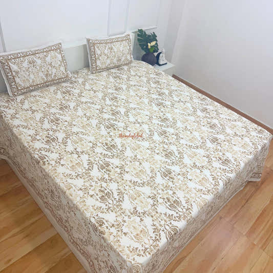 Veda Hand Block Soft Cotton Bedsheet with 2 Pillow Covers Brown