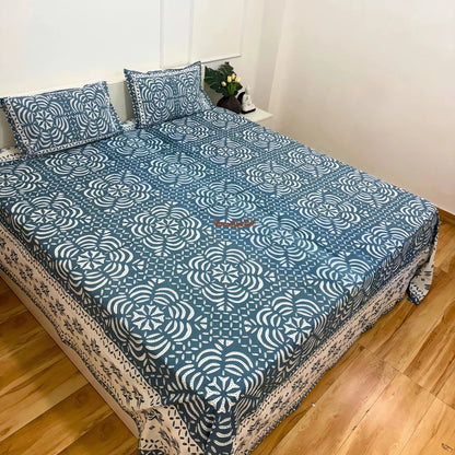Homi Cotton Bedsheet with Pillow Covers Batik Print Blue Grey