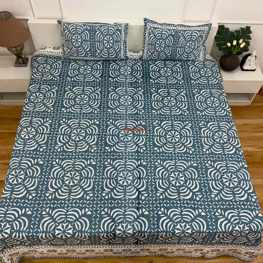 Homi Cotton Bedsheet with Pillow Covers Batik Print Blue Grey