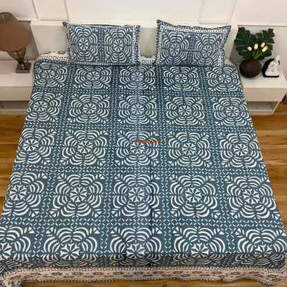 Homi Cotton Bedsheet with Pillow Covers Batik Print Blue Grey