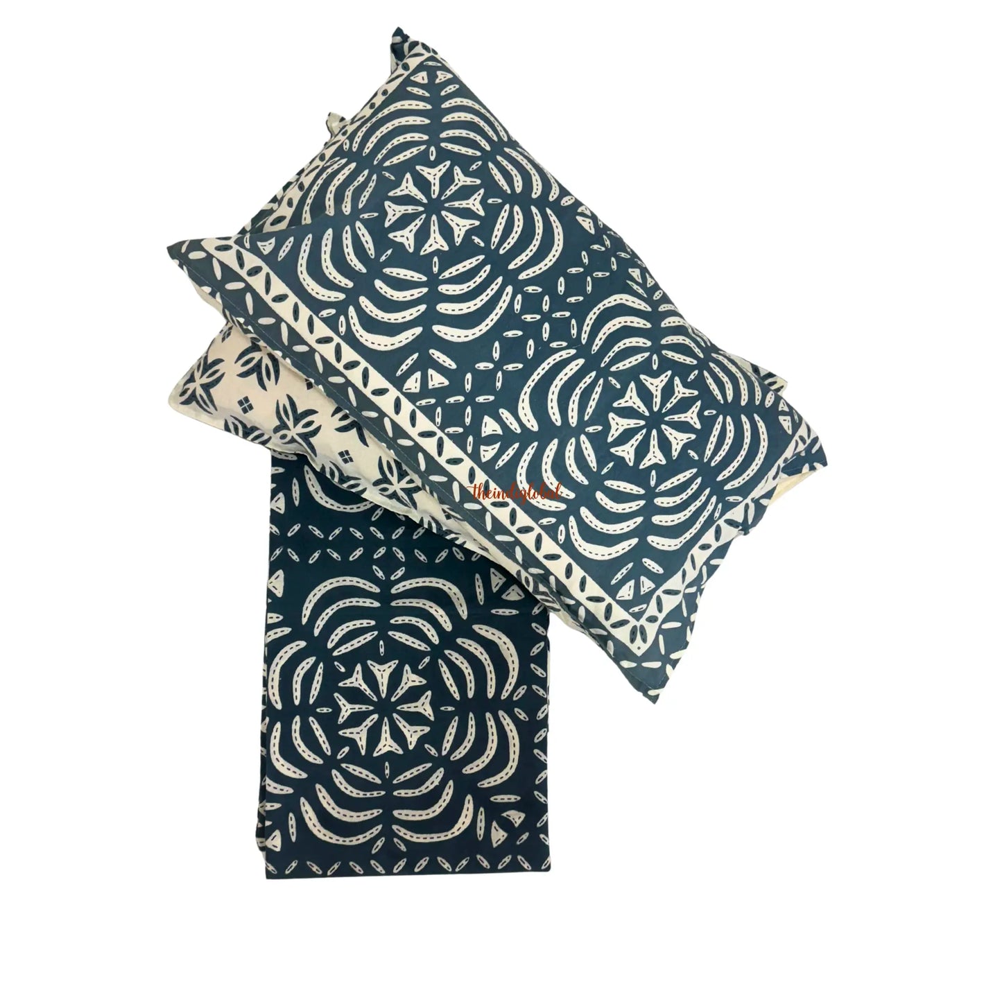 Homi Cotton Bedsheet with Pillow Covers Batik Print Blue Grey